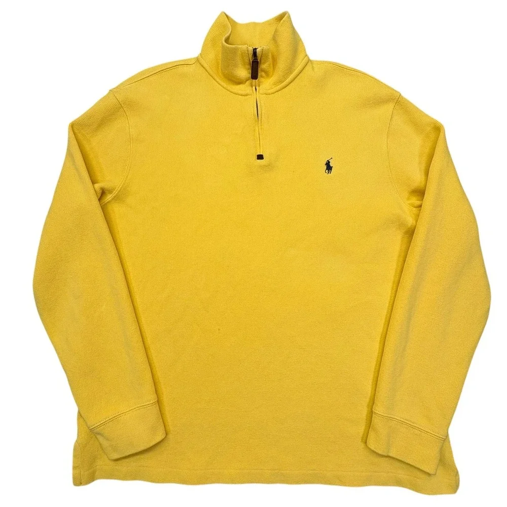 Polo Ralph Lauren Quarter Zip Pullover Mens L Yellow Cotton Mock Neck Pony